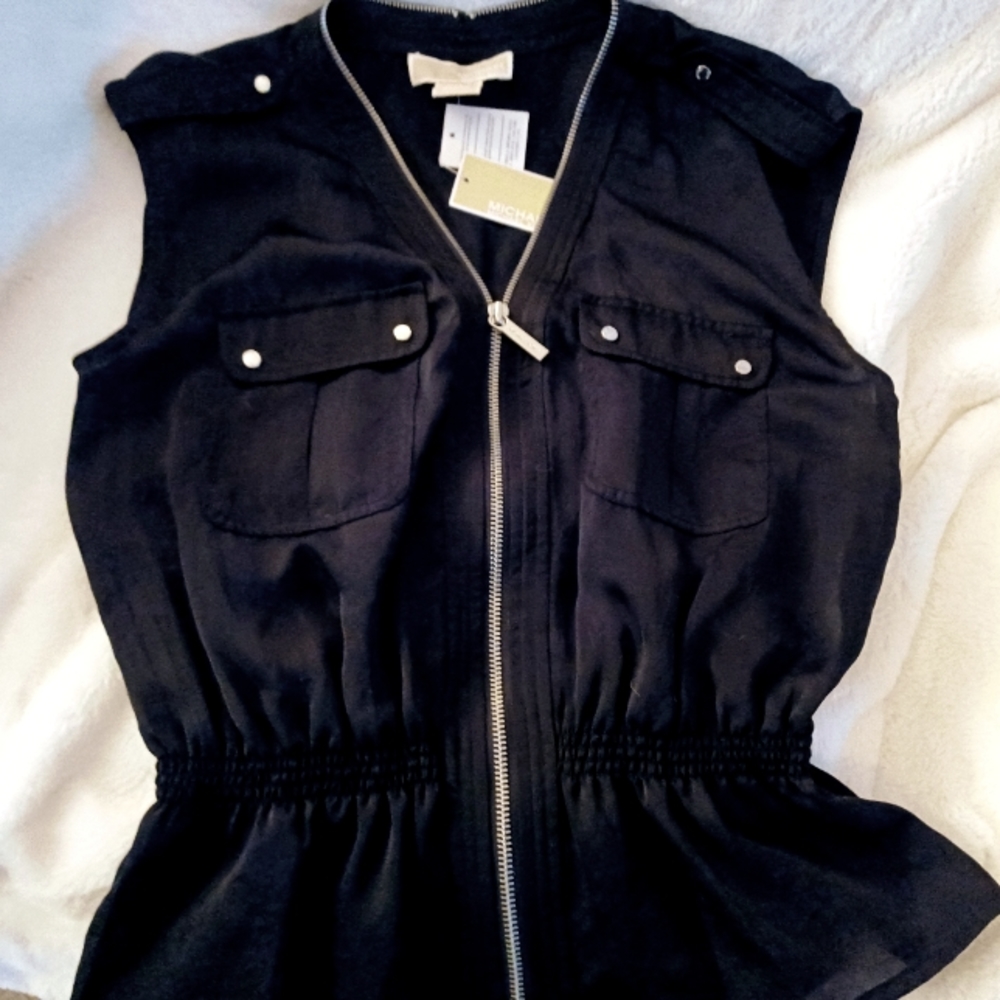 NWT!! MICHAEL KORS Black Vest with Gold Zipper & Embossing Size S/P